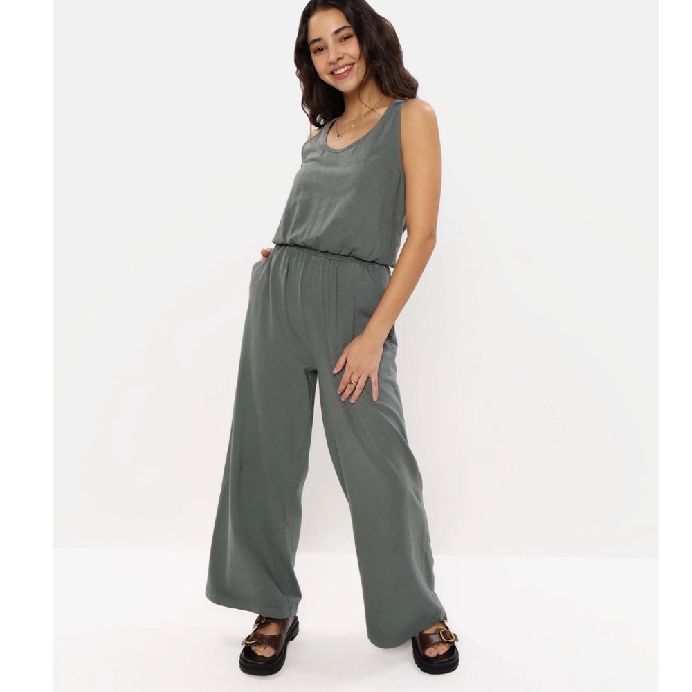 Aerie | Women's Olive Green Smocked Racerback Jogger Jumpsuit, Size XS